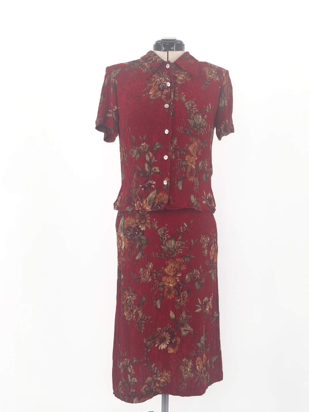 ✨Vintage K Petite 100% Rayon Floral 2 Piece Set Dress Plus Shirt Red Midi 8P✨